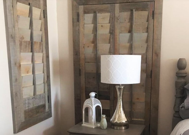 Chicago bedroom with repurposed wood shutters.